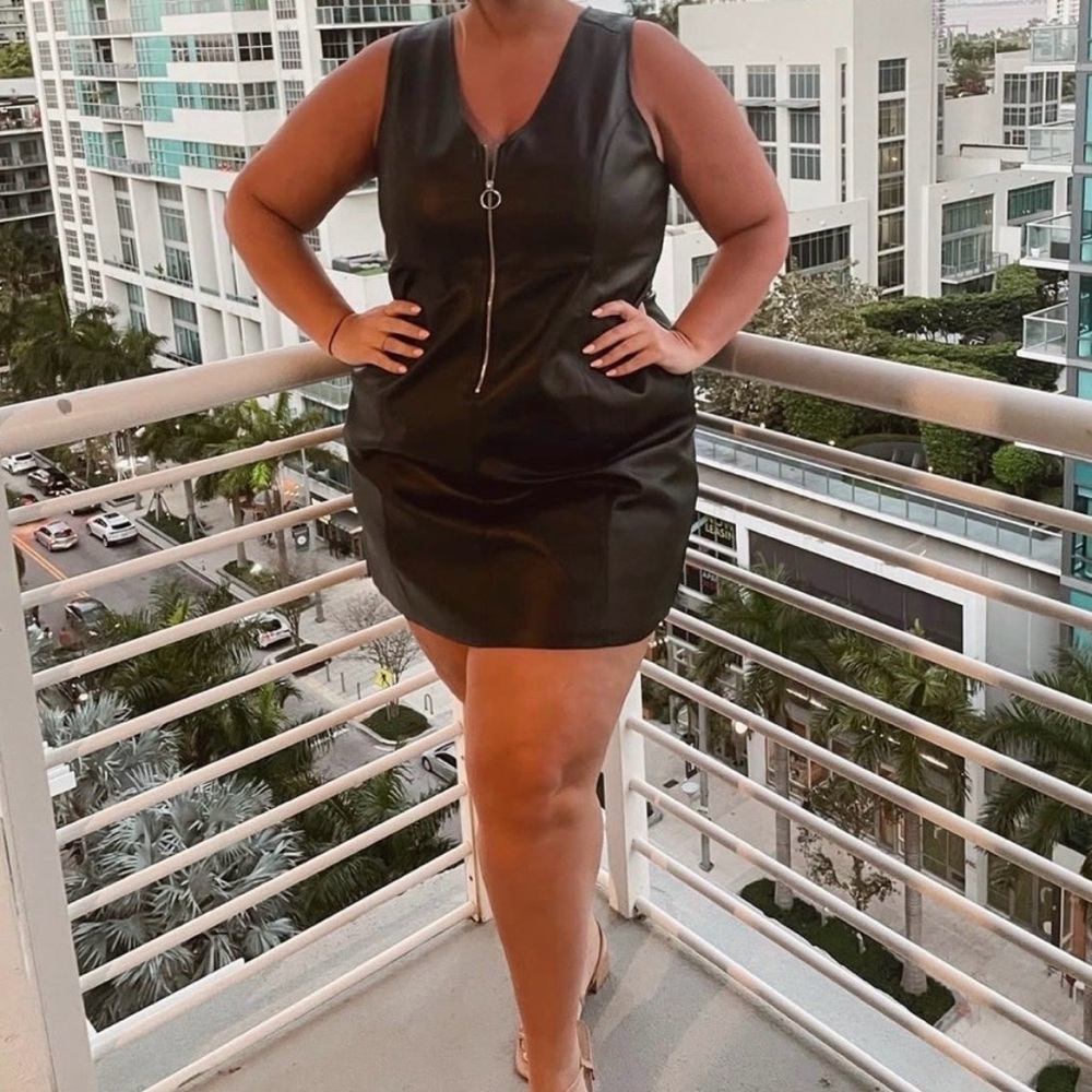 Addition Elle Black Faux Leather Sleeveless Mini Dress with Front Ring Zip